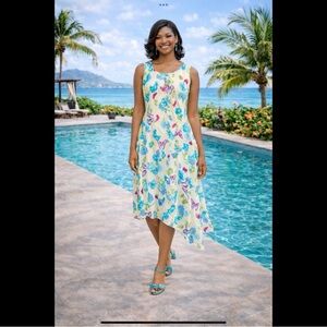 Roaman’s Floral Chiffon Overlay Sleeveless Dress | Resort Cruise Vacation